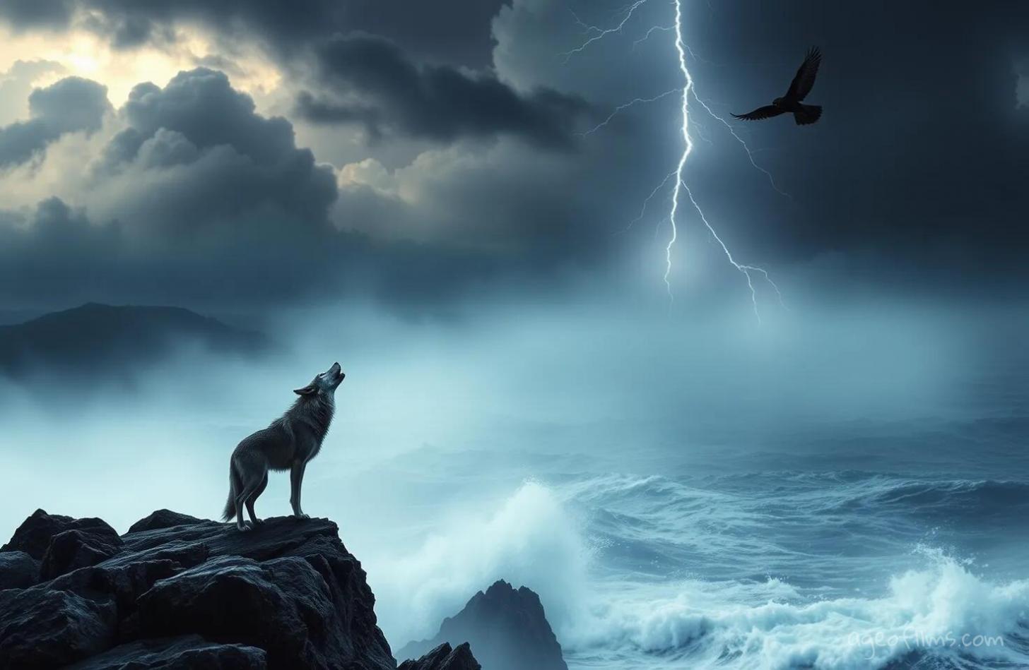 Wolf and raven in a moody scene prompt