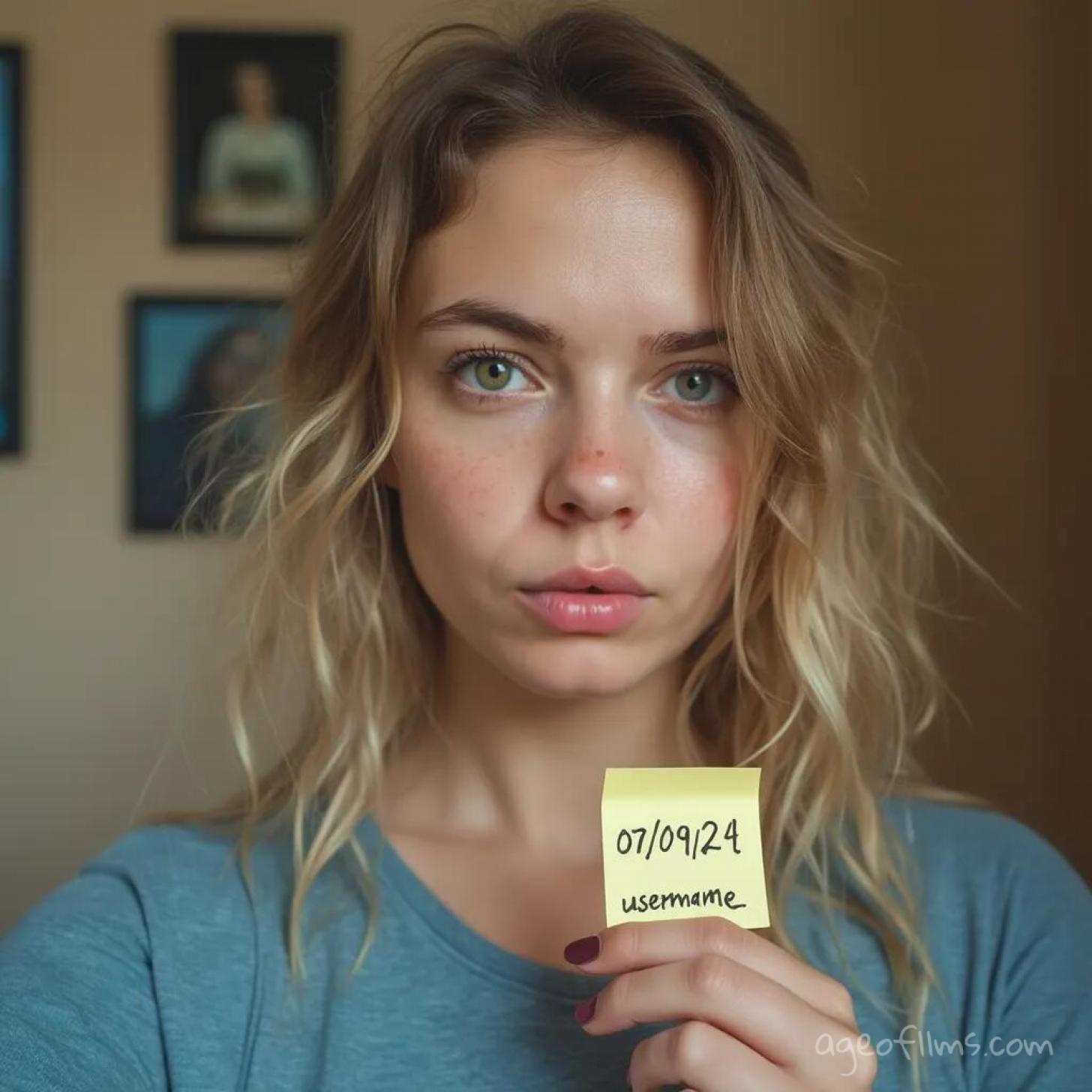 Amateurish looking selfie with woman holding verification note