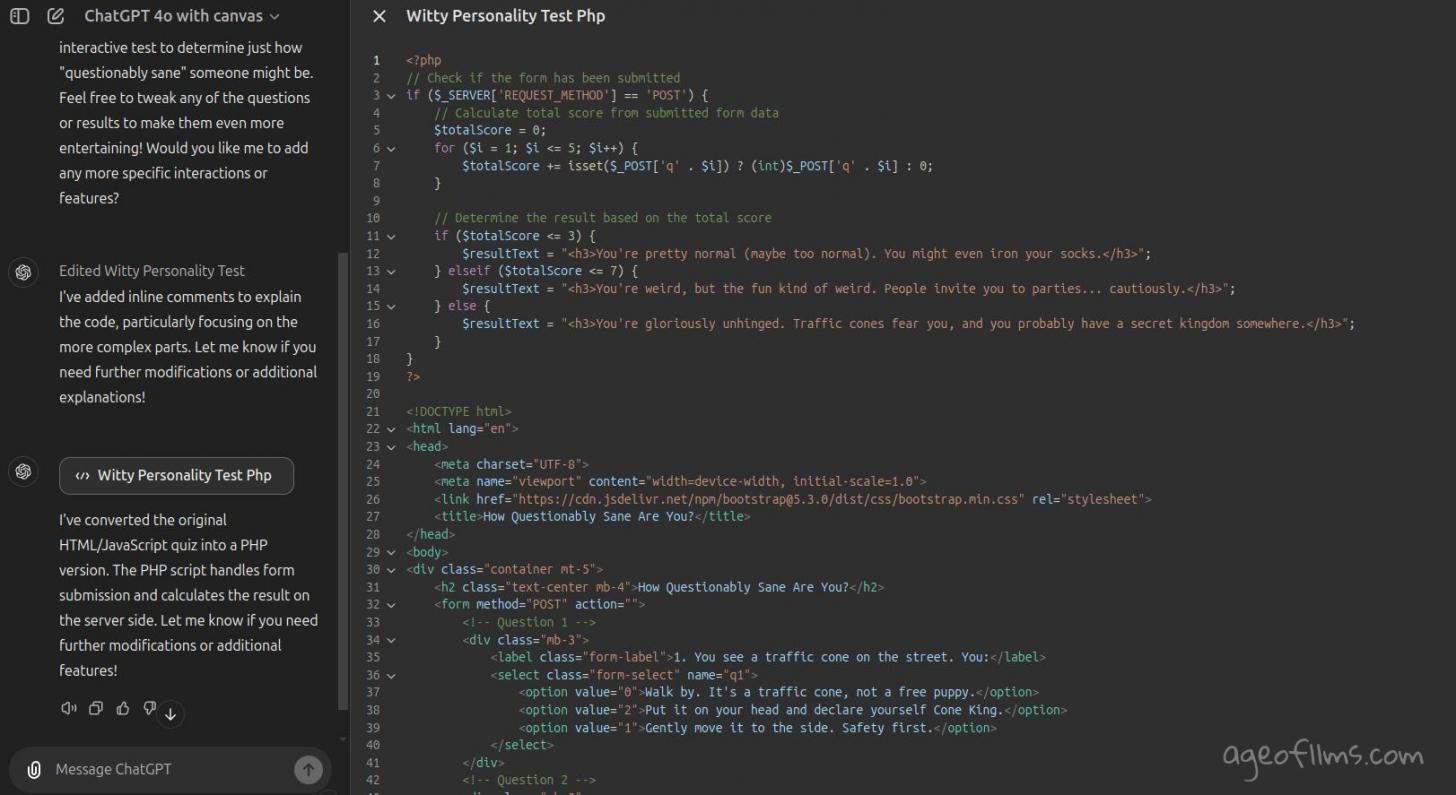 ChatGPT 4o with Canvas code screenshot