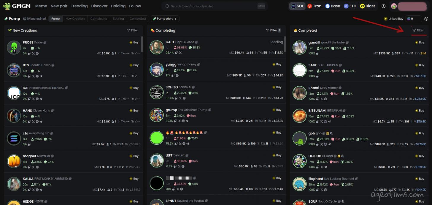 GMGN pumpfun screener with filters