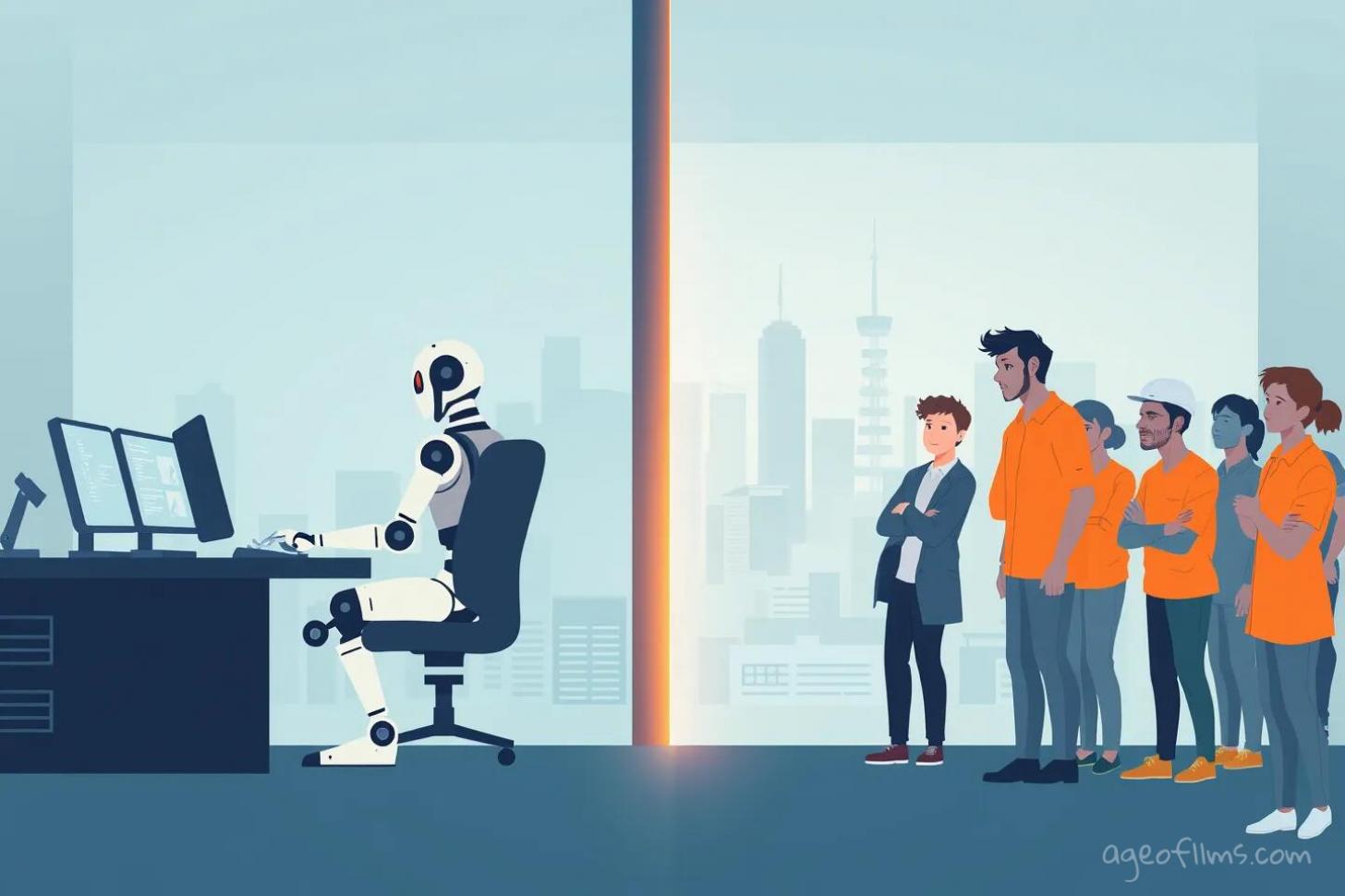 Puzzled people watch an AI powered robot do their job