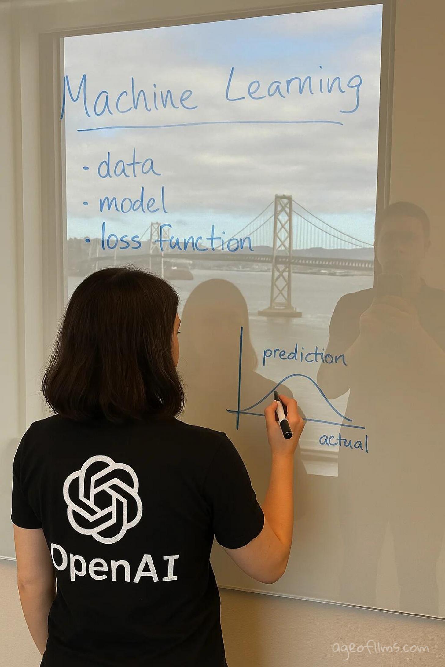 An image taken with a phone of a glass whiteboard, in a room overlooking the Bay Bridge. The field of view shows a woman writing, sporting a tshirt wiith a large OpenAI logo. The handwriting looks natural and a bit messy, and we see the photographer's reflection.