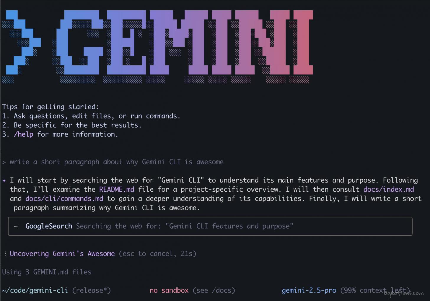 Gemini CLI screenshot form GitHub
