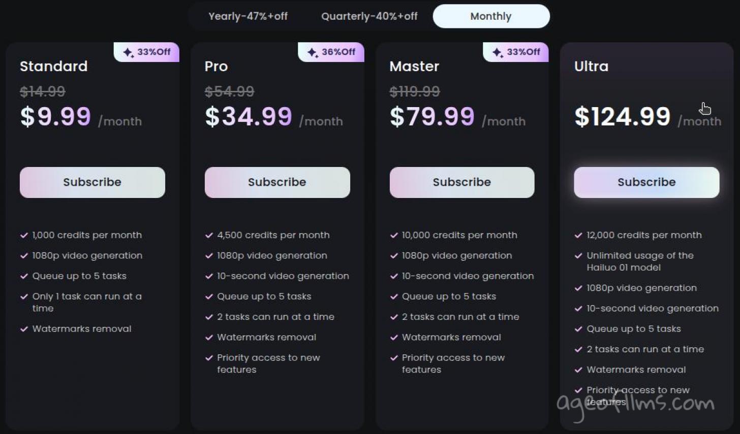 Hailuo AI x Minimax video generator paid tiers 2025, website screenshot