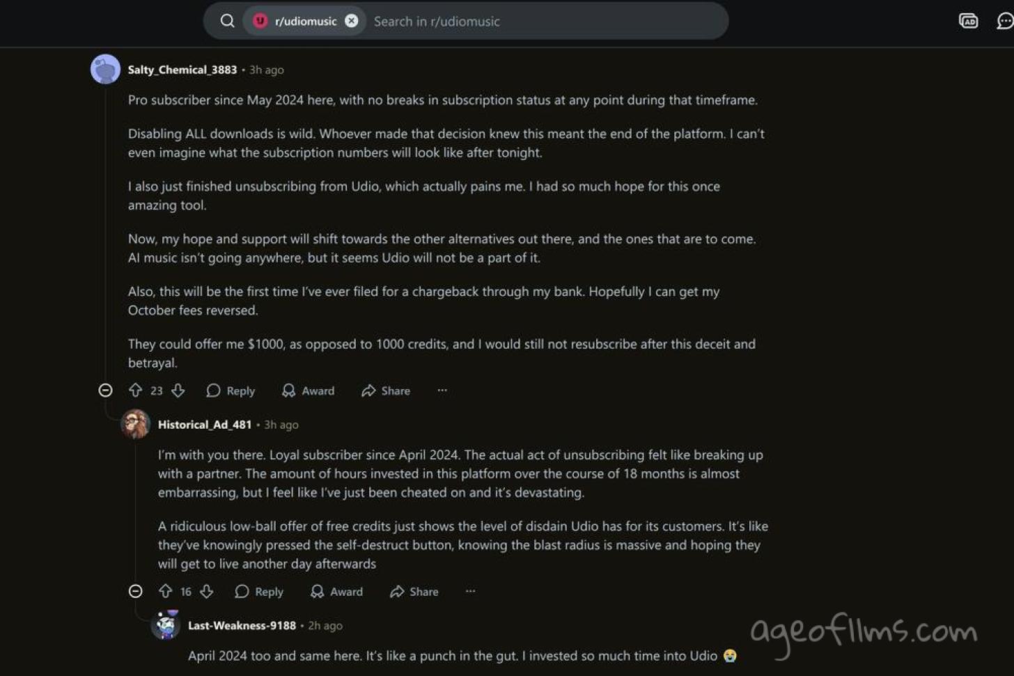 UDIO subreddit fuming